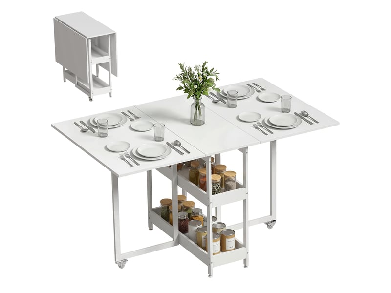  Table à manger pliante sur roulettes 4 personnes avec compartiments ouverts, pour petits espaces, salle à manger, blanc  - Conforama A