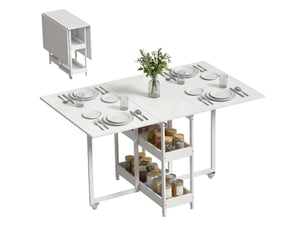 Table à manger pliante sur roulettes 4 personnes avec compartiments ouverts, pour petits espaces, salle à manger, blanc