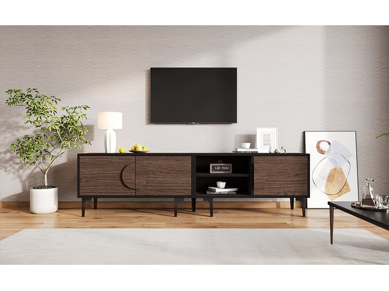  Meuble tv 180 cm noyer foncé pour écran 80 pouces avec 3 portes et rangements ouverts  - Conforama R