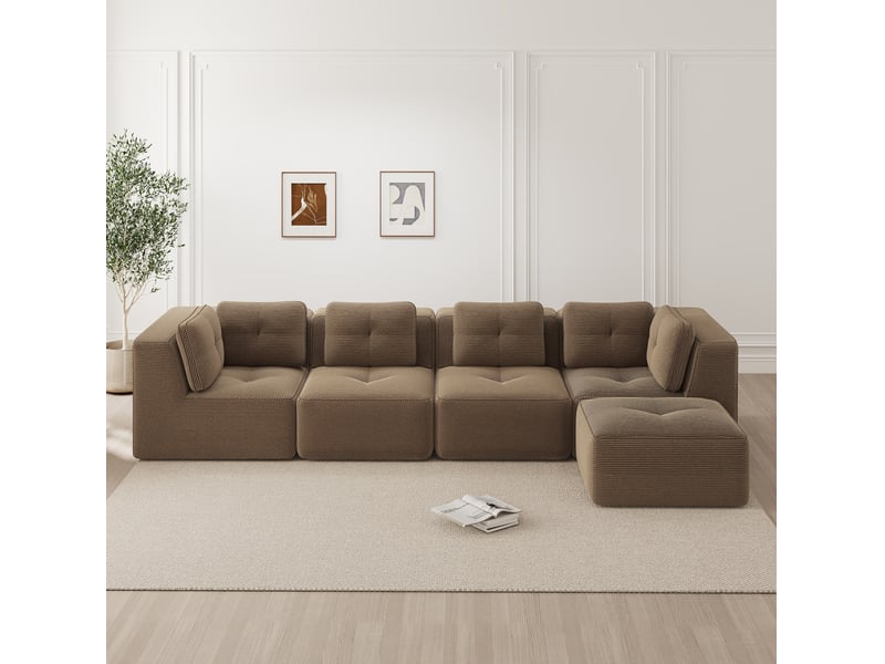  Canapé d'angle modulaire 4 places en velours côtelé marron, assise profonde et confort enveloppant au salon  - Conforama B