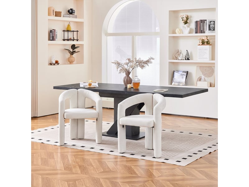  Ensemble table + 6 chaises salle à manger, table extensible effet marbre noir 110-140x80 cm, chaises chenille avec accoudoirs, moderne minimaliste  - Conforama D