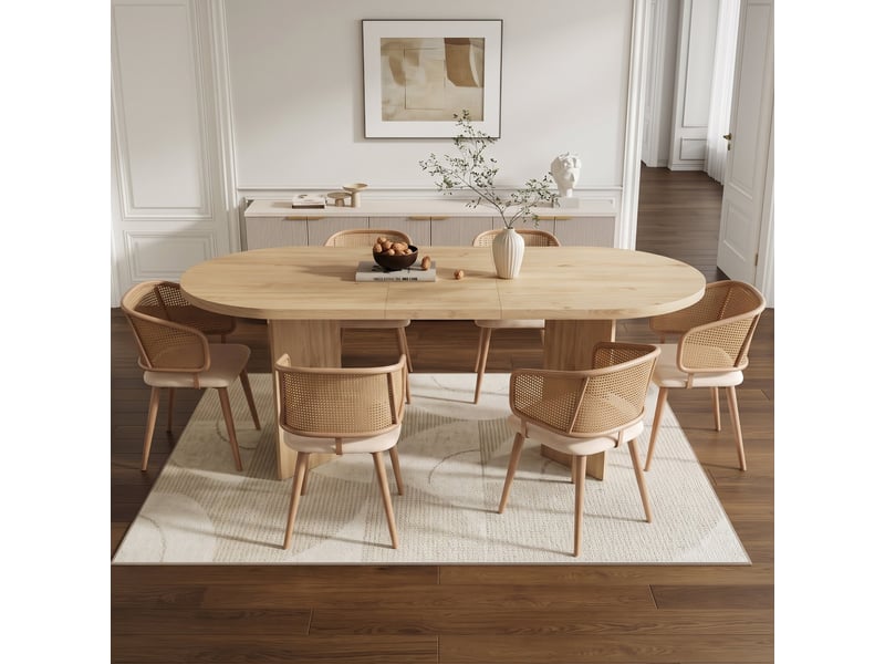 Ensemble table et 6 chaises de salle à manger, table 200x90 cm, chaises dossier rotin et coussins simili-cuir pu, style moderne  - Conforama R