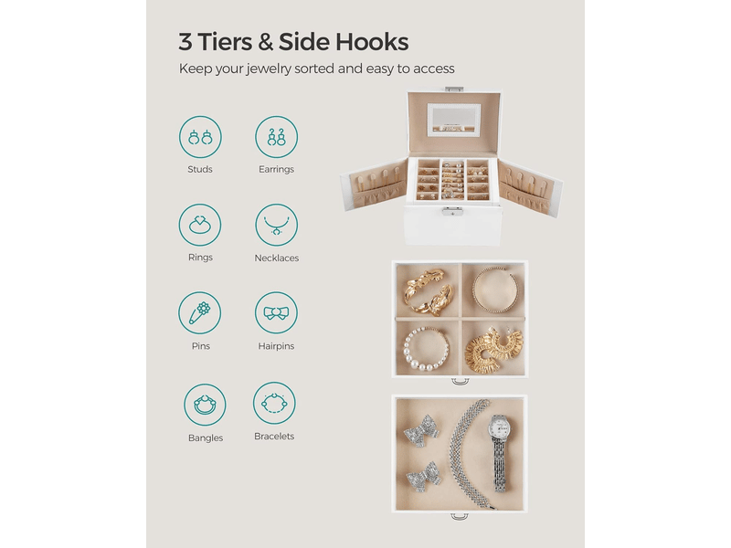  Boîte à bijoux, mallette à bijoux, coffret à bijoux de voyage, organisateur de bijoux portable, avec 2 tiroirs, miroir, serrure et clés,blanc  - Conforama B