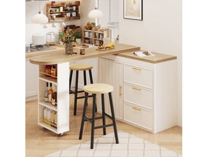 Table haute modenvie pivotante 360° avec 3 tiroirs, étagères réglables, anti-basculement, mdf et métal, blanche, 128-203 x 39 x 90 cm
