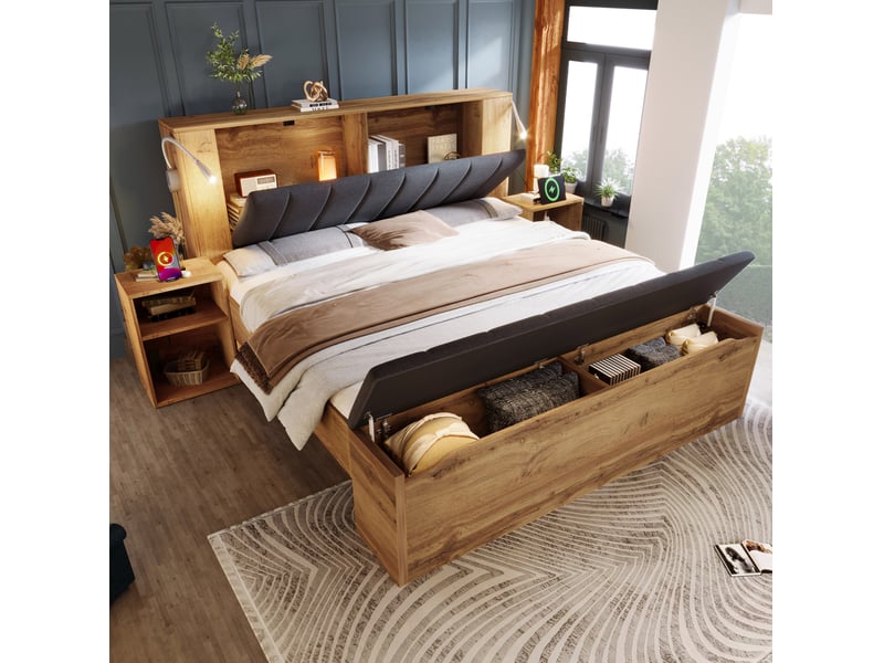  Lit avec rangement 160x200 cm avec lumières de lecture et usb cravdom  - Conforama C