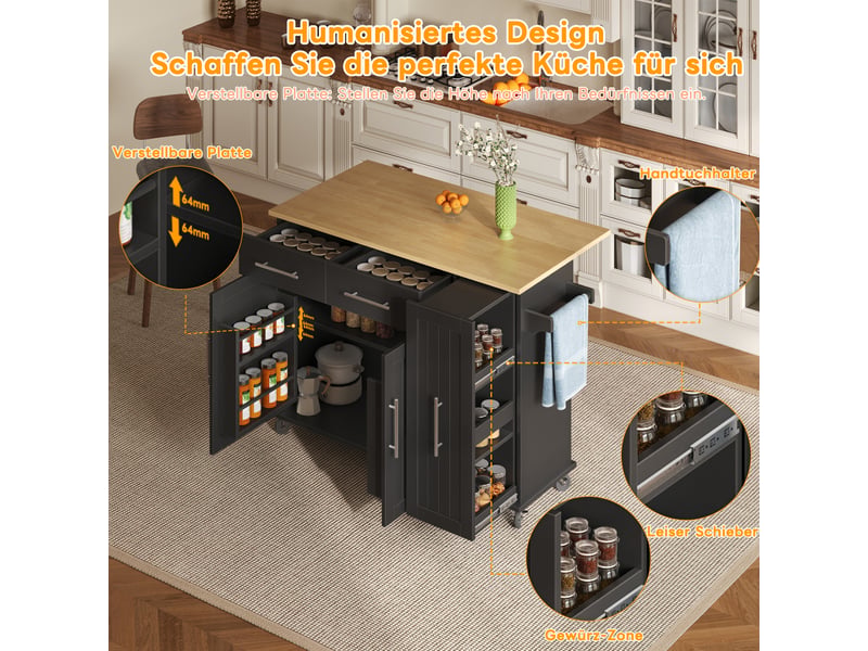  Îlot de cuisine noir avec rallonge, roulettes, panier de rangement à 3 niveaux, étagère interne, porte-serviettes et 2 tiroirs  - Conforama E