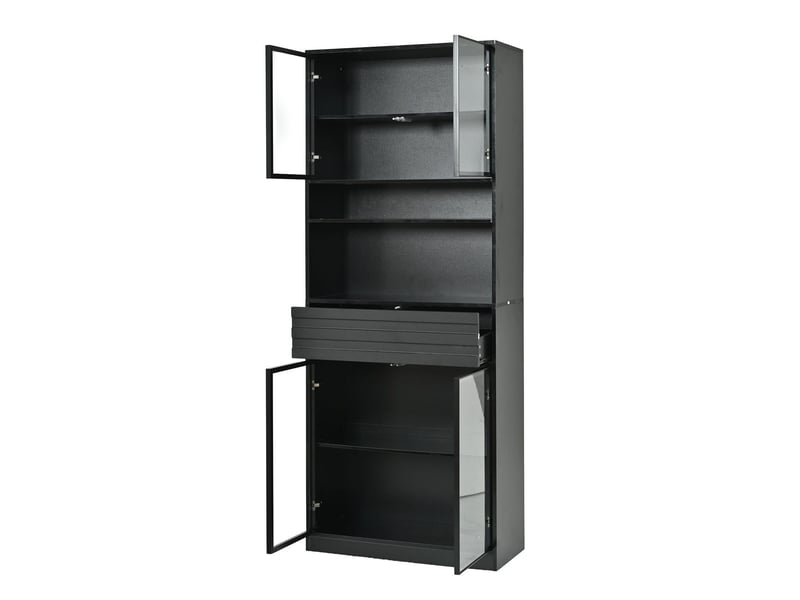  Vitrine 80 x 35 x 200 cm meuble de rangement ensemble de deux vitrines 8 portes en verre 2 tiroirs éclairage led fabrication en mdf format haut rangement à bouteilles finition noire  - Conforama C