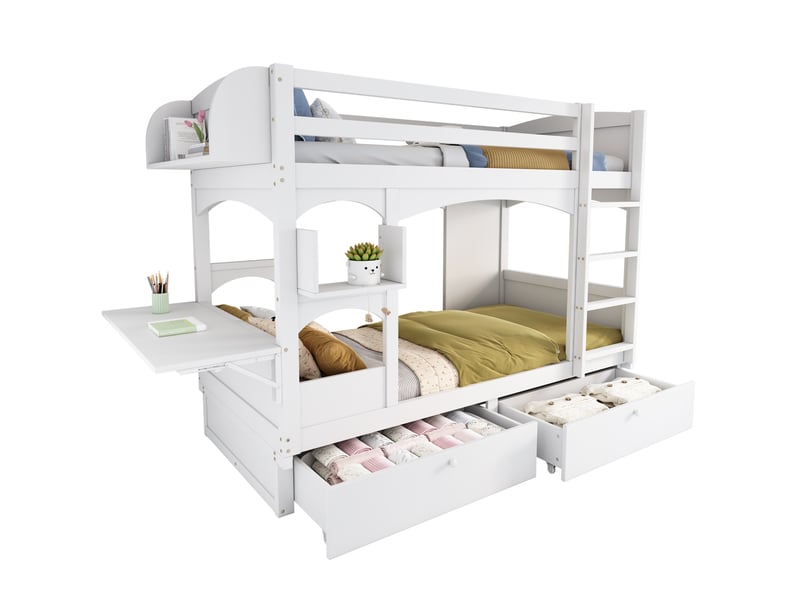  Modenvie lit superpose enfant 90x200 cm - avec bureau rabattable et rangements, sans matelas - blanc  - Conforama A