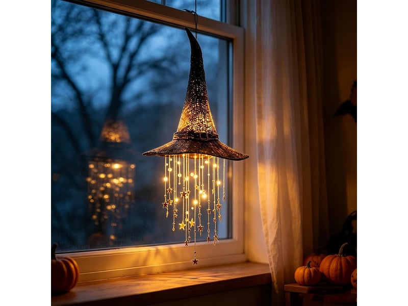  Pack de 2 décoration halloween suspendue, chapeau de sorcière lumineux led avec étoiles et carillon à vent pour porche, jardin et terrasse  - Conforama C