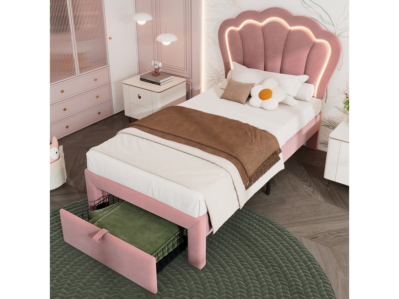  Lit enfant simple led 90x200cm avec tiroir à roulettes, structure en bois, velours, rose, sans matelas  - Conforama R