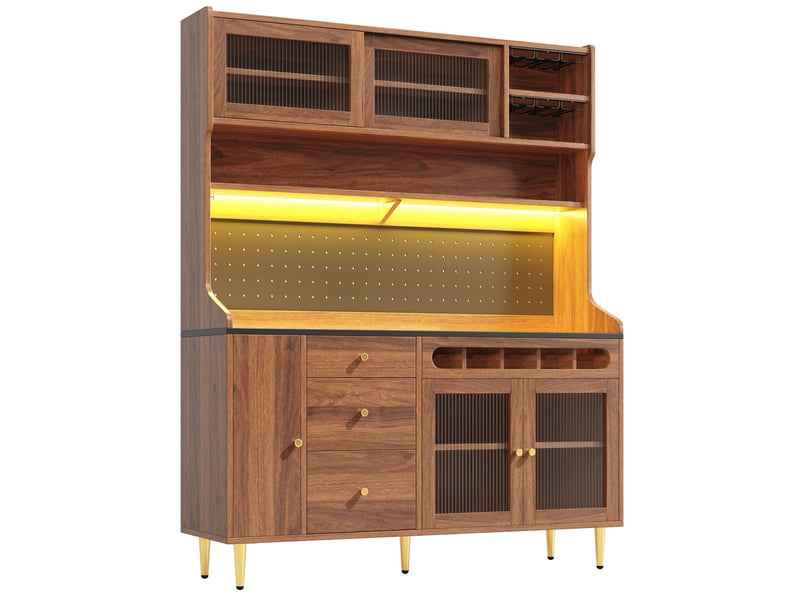  Haut meuble de cuisine 145x39x171 cm marron en mdf et verre, rangement réglable avec éclairage led  - Conforama D