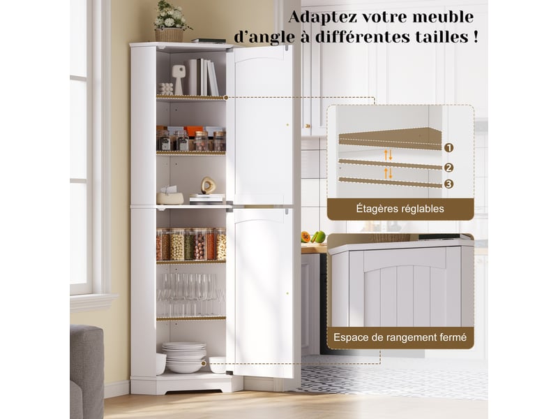  Meuble d'angle de rangement avec 2 portes et étagères réglables pour cuisine et salon en mdf 42×42×166 cm blanc  - Conforama E