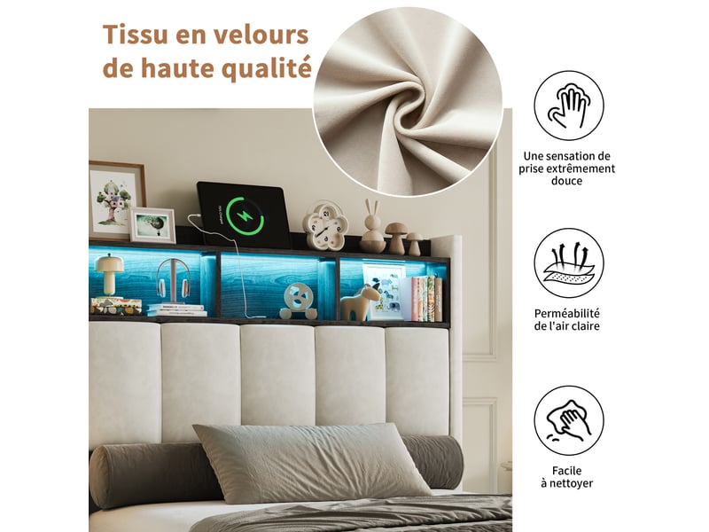  Lit coffre 90x200 cm avec led,usb et type-c, lit adulte avec sommier à lattes, lit simple moderne, blanc,velours  - Conforama R