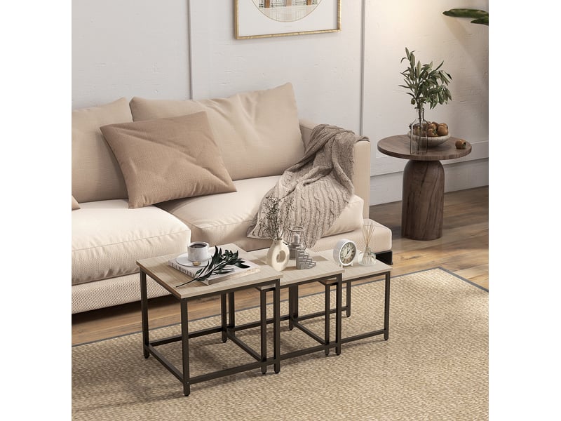  Lot de 3 tables basses gigognes carrées en acier et aspect bois naturel  - Conforama B
