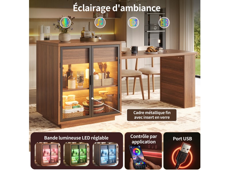  Îlot de cuisine table repas extensible 122-194,5x70x94 cm, rangement, led usb intégré, mdf et métal, marron foncé  - Conforama E