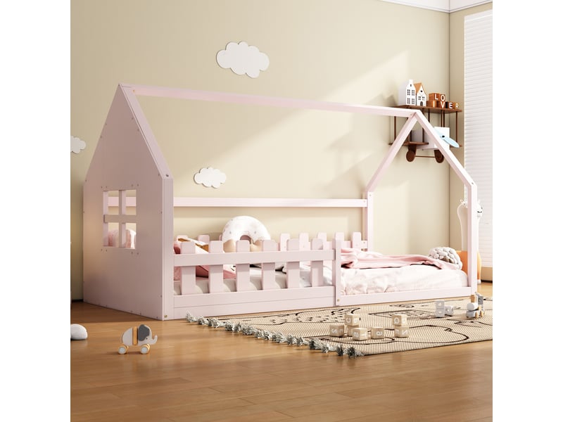  Lit cabane enfant 90x200 cm, lit fille rose en bois avec sommier, cadre de lit simple pour chambre d'enfant, design créatif.  - Conforama E