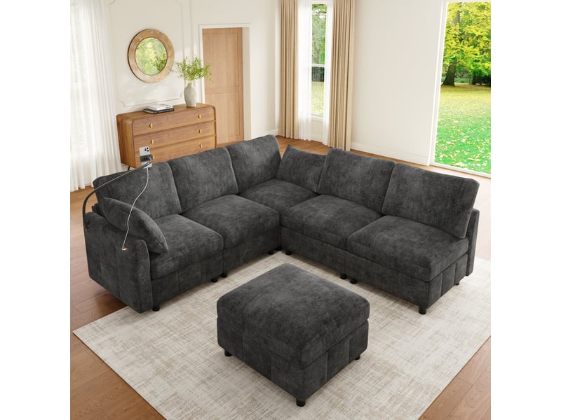 Canapé d'angle convertible 6 places 218x157x85 cm en ul avec pouf mobile, 2 coussins, charge rapide usbusb-c 24 w, porte-téléphone, chenille, gris Seren Glow - Conforama E