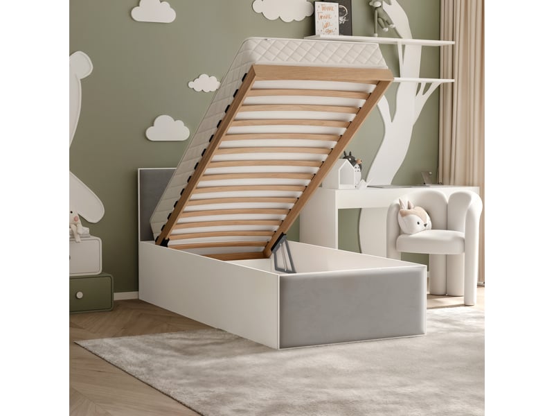 Lit coffre sashi - 90x200 cm - avec matelas - tissu velours - blanc gris SASHI - Conforama C