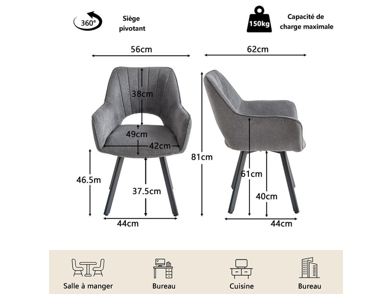 Lot de 2 chaises pivotante à 360° - chaise salle à manger moderne en lin, rembourrée - gris - Conforama E