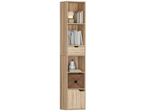 Bibliothèque ouverte à 4 niveaux avec placard et tiroir, 30 x 24 x 158 cm, couleur bois