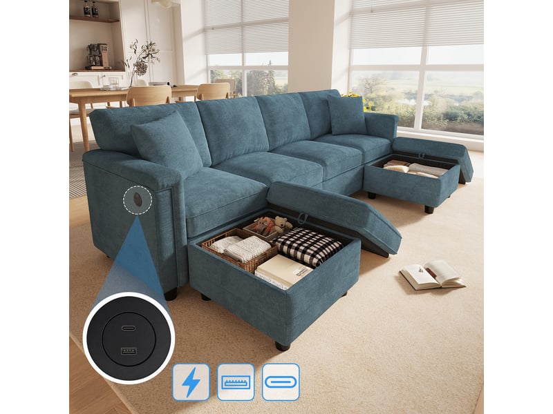  Canapé modulable en u 4 places bleu avec rangement  - Conforama D