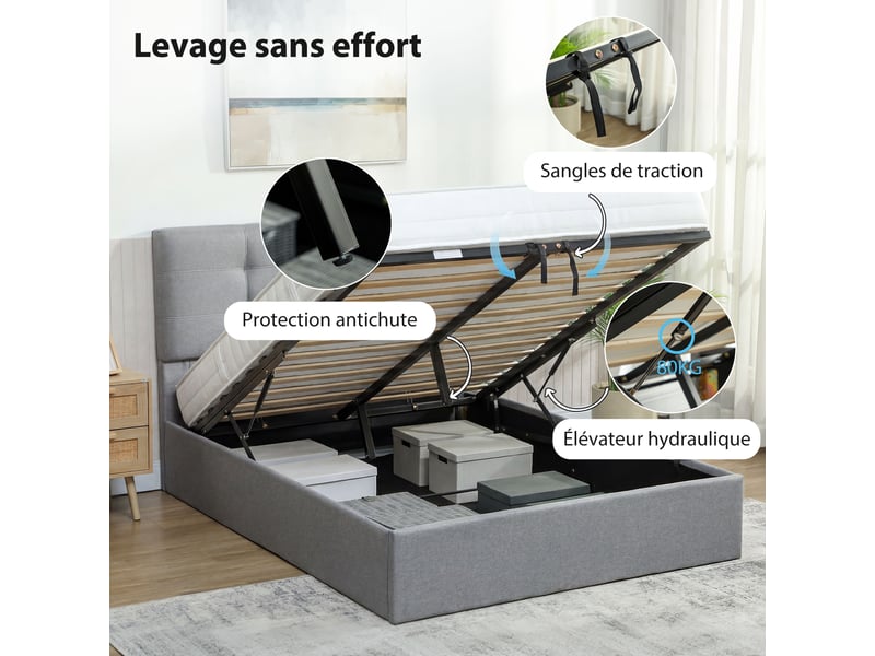  Lit coffre 140x190 capitonné gris avec tête de lit rembourrée et rangement sous sommier  - Conforama W