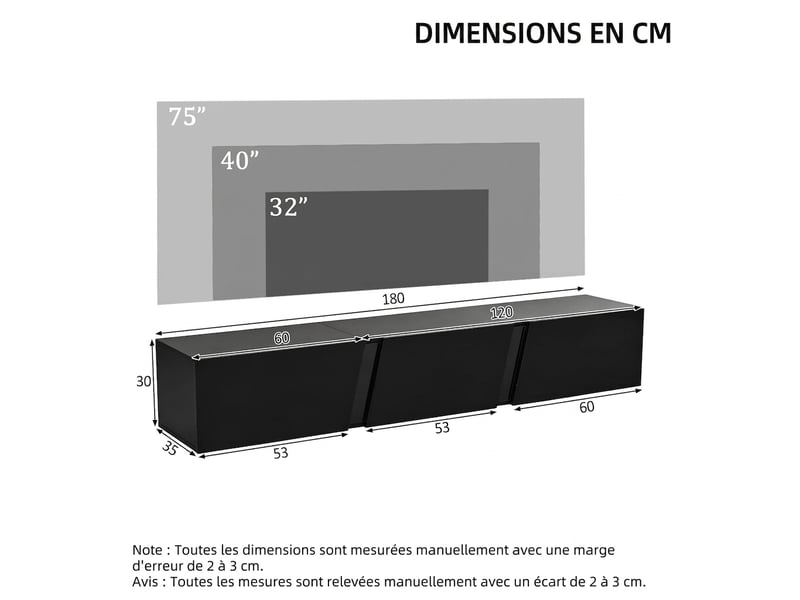  Meuble tv suspendu 180 cm noir brillant avec éclairage led app, 3 portes abattantes, supporte écran 75 pouces, 180x35x30 cm  - Conforama C