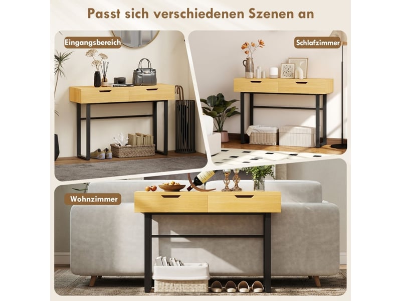  Table basse avec rangement 110 x 35 x 76 cm 2 tiroirs cadre métal format étroit finition naturelle  - Conforama D