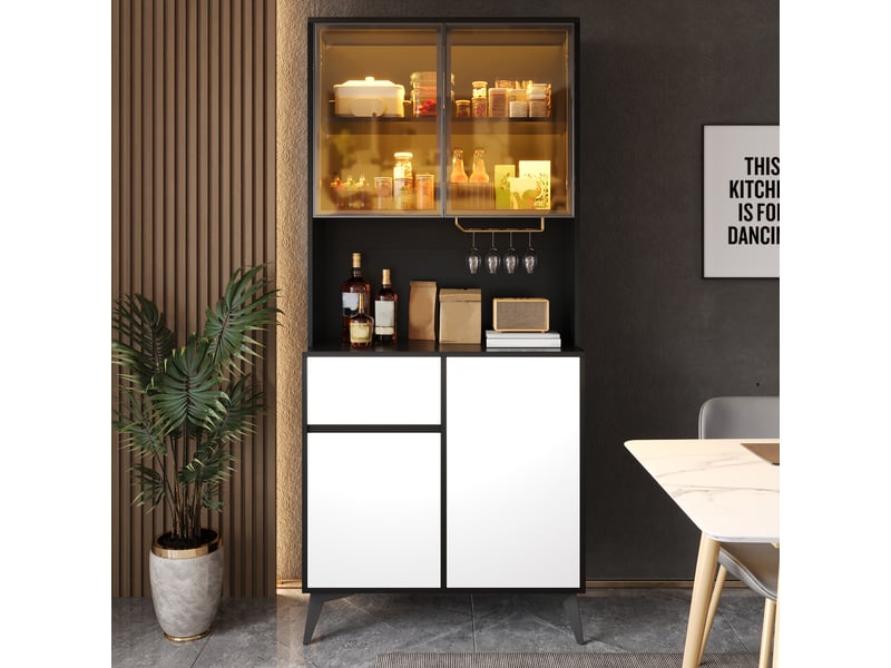  Armoire de cuisine vitrine buffet vaisselier meuble de rangement salle à manger noir et blanc mdf avec éclairage led app  - Conforama B