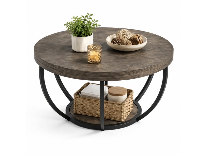  Table basse ronde à 2 niveaux avec plateau en bois et piètement métal, pour salon, finition grise contemporaine  - Conforama A