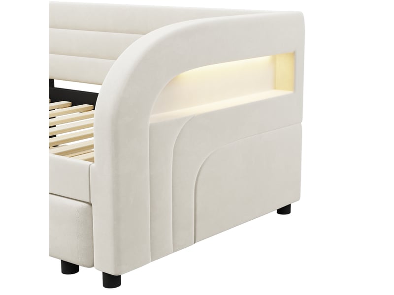  Lit banquette gigogne 90 × 200 cm, revêtement velours et led, beige  - Conforama E