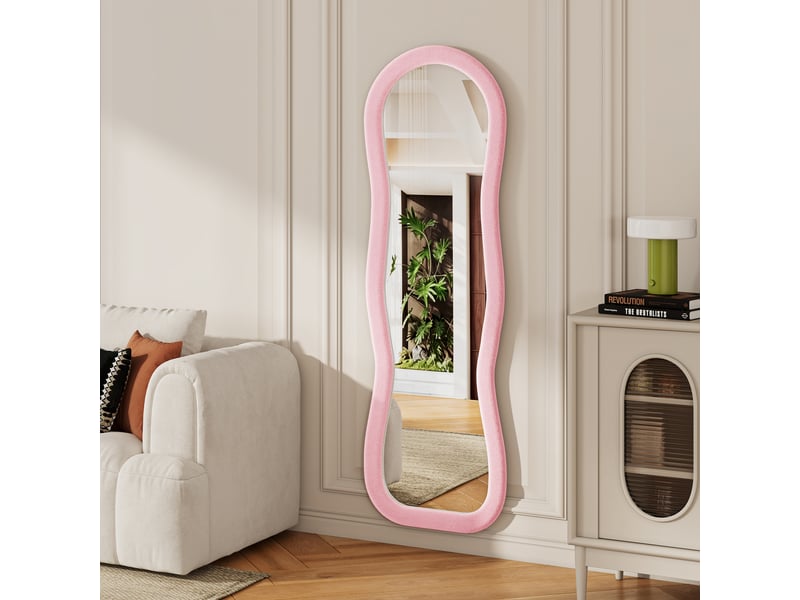  Miroir sur pied 160x50 cm rose,miroir décoratif ,ondulé irrégulier,grand miroir mural avec cadre en flanelle,verre trempé  - Conforama D