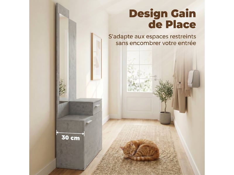  Ensemble meuble d'entrée avec meuble à chaussures abattant, vestiaire avec miroir, tiroir et plateau, gris  - Conforama E