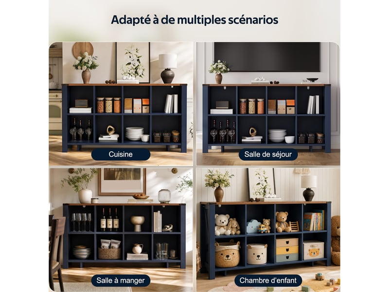  Buffet de rangement,140x34x75 cm,8 compartiments ouverts,mdf,bleu  - Conforama E