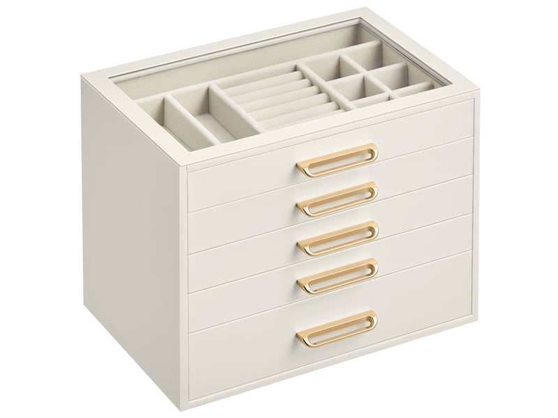 Grande boîte à bijoux femme avec 5 tiroirs et couvercle en verre, coffret cadeau, 24 x 17,2 x 18,4 cm, blanc - Conforama A