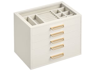 Grande boîte à bijoux femme avec 5 tiroirs et couvercle en verre, coffret cadeau, 24 x 17,2 x 18,4 cm, blanc