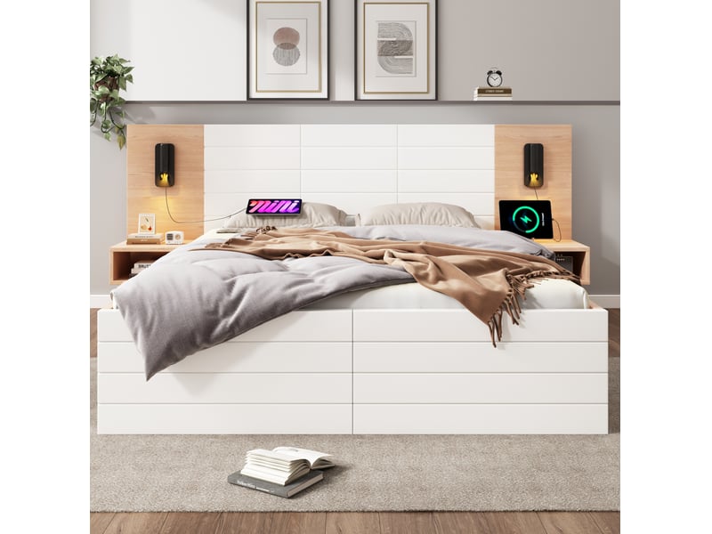 Lit double 140 x 200 cm avec matelas, 2 tiroirs et éclairage usb blanc et chêne clair - Conforama D