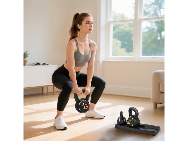  Ensemble de 3 kettlebells de 2,2 kg, 4,5 kg et 6,8 kg avec base plate et support de poids, en plastique et sable, noir.  - Conforama C