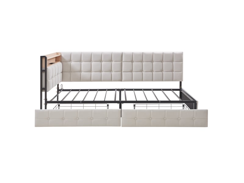 Lit enfant 90 x 200 cm 2 tiroirs led tête de lit usb type-c cadre métal rembourré tissu beige sans matelas - Conforama R