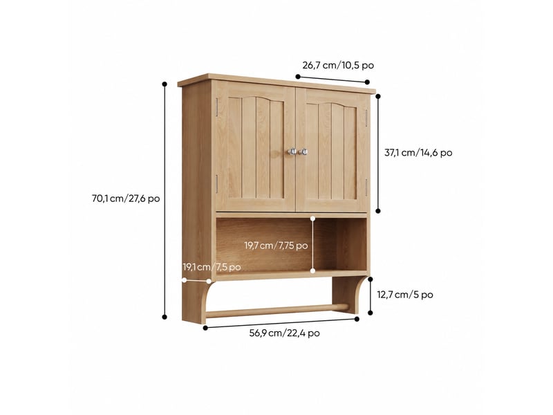 Armoire murale de salle de bain 2 portes avec porte-serviettes, 60 × 20 × 70 cm, effet chêne clair - Conforama E