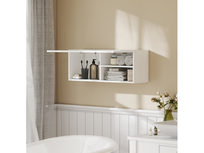  Meuble de salle de bain mural 80 x 25 x 30 cm blanc en bois, porte relevable, rangement avec étagère  - Conforama E