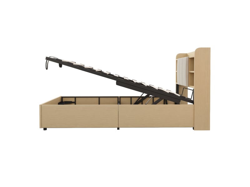  Lit coffre simple 90x200 cm - rangement hydraulique - prise usb &amp; tape-c - bois naturel CYQ-LDB00401AAN - Conforama R