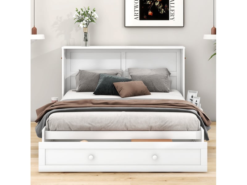  Lit escamotable convertible 140 x 200 cm avec tiroir et étagères latérales, blanc  - Conforama E