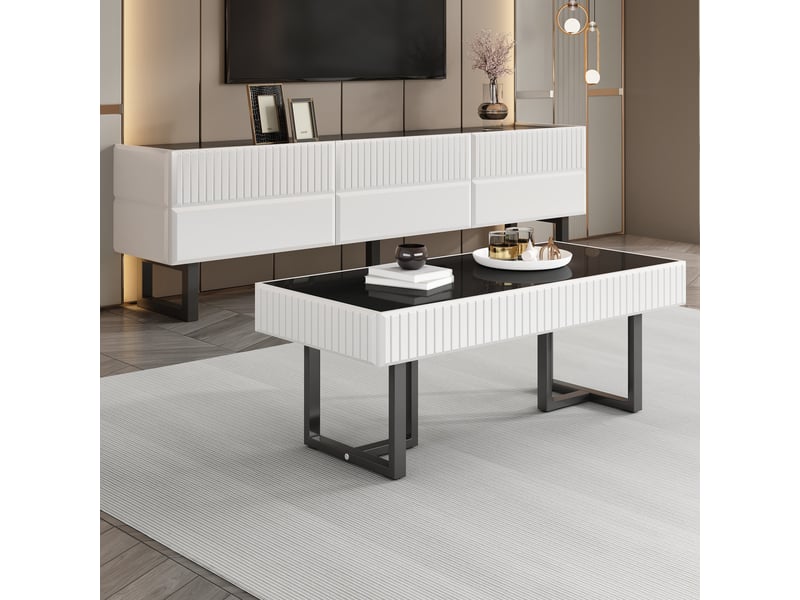  Ensemble 2 meubles de salon, meuble tv et table basse avec rangement, mdf et panneaux de particules noir et blanc  - Conforama D