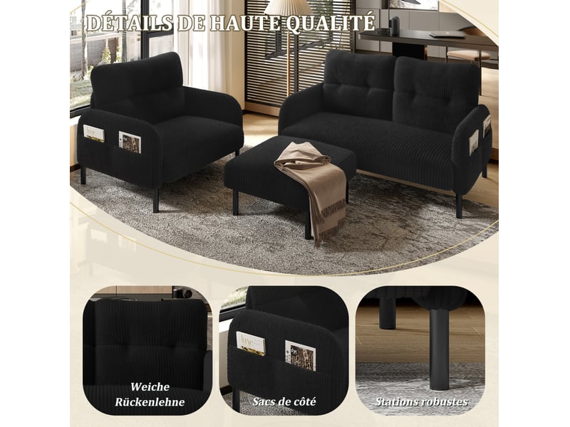  Ensemble de canapés 2 places avec fauteuil et repose-pieds, pochette latérale, dossier, pour le salon, velours, noir  - Conforama D