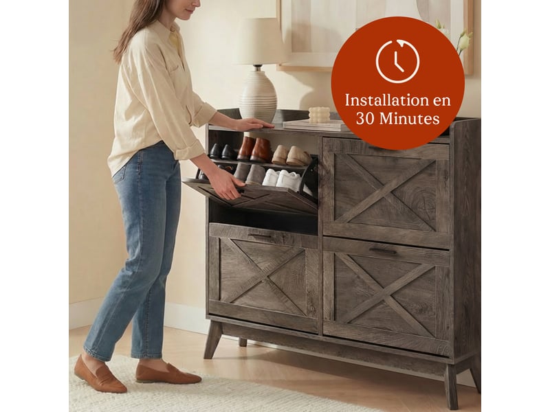  Casabel meuble à chaussures 24 paires, façades motif croix, étagères ajustables, grande capacité, bois foncé  - Conforama D