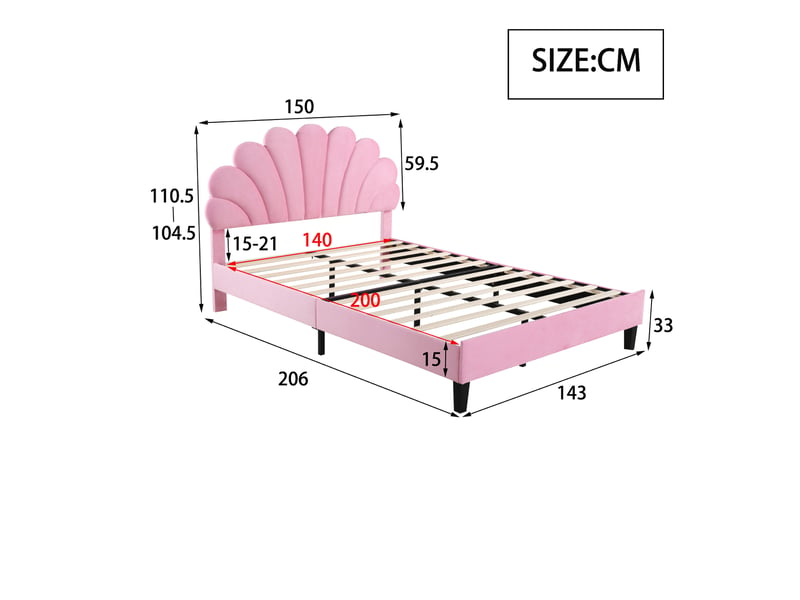 Lit enfant 140x200cm, lit double avec tête de lit en forme fleur et sommier, velours rose, sans matelas - Conforama D