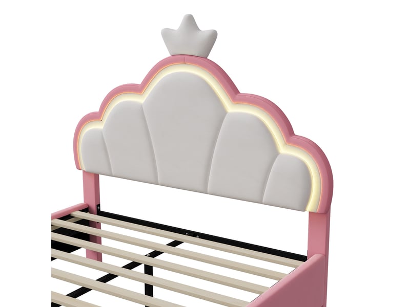  Lit enfant 140x200cm - lit double 140x200 avec tête de lit couronne lumineuse led - rembourré en velours - rose et blanc  - Conforama D