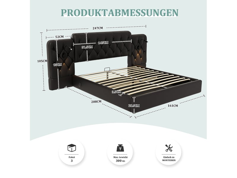  Lit coffre 160x200 cm noir en pu avec lampes de lecture et ports usb  - Conforama C