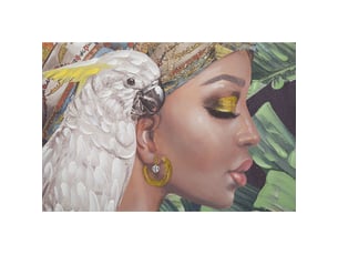 Tableau sur toile kloe vertical, portrait féminin avec cacatoès et végétation tropicale